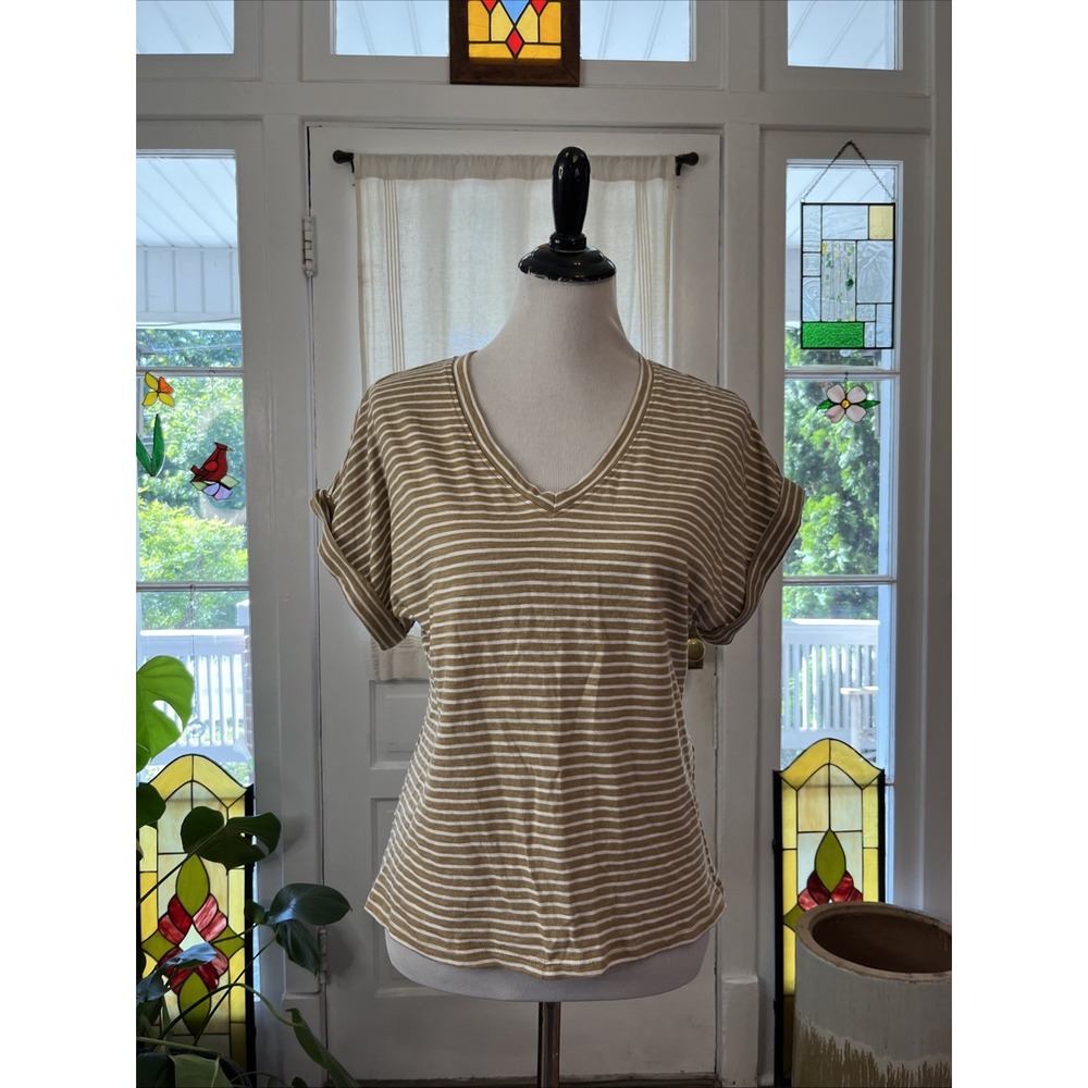 NEW White House Black Market XS Khaki White Striped V-Neck Boxy Tee $59